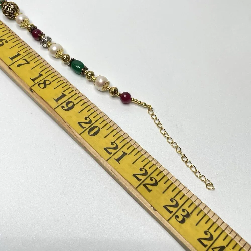 Stunning Green Red Gemstone Freshwater Pearl Beaded Necklace Gold Plated 23